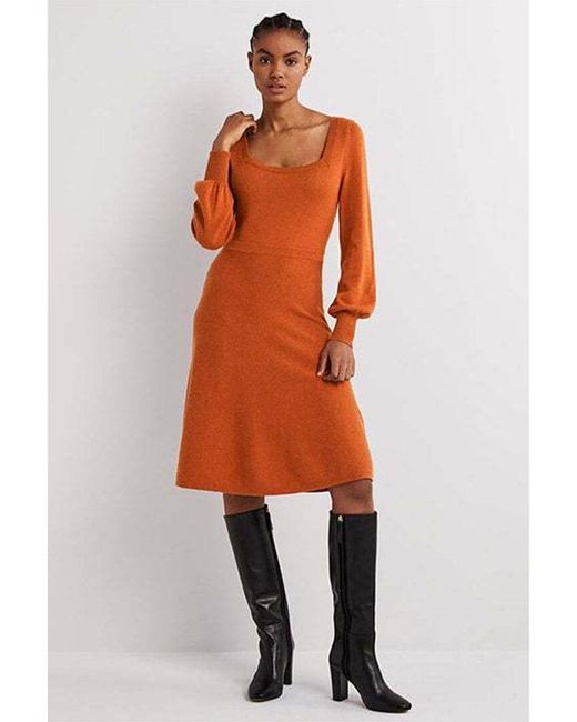 Boden Orange Square Neck Knit Wool & Alpaca-blend Dress