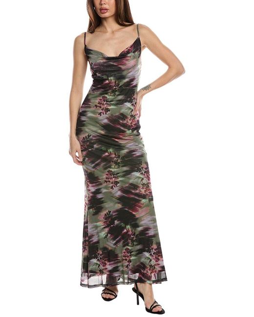 Bebe Green Printed Mesh Cowl Gown