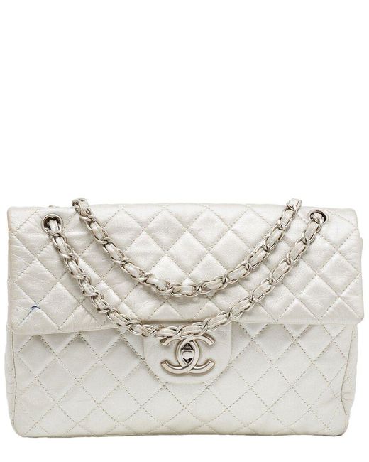 Chanel Gray Quilted Leather Maxi Classic Single Double Flap Bag (Authentic Pre-Owned)