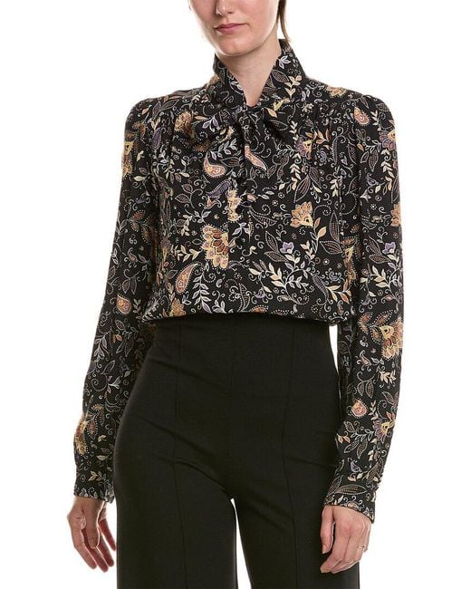 Michael Stars Black Alexei Printed Pussy Bow Blouse
