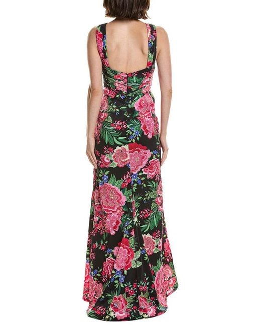 Tadashi Shoji Red Elarra Floral Waterfall Flounce Gown