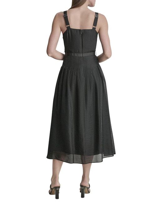 DKNY Black Belted Gazare Pleated Dress