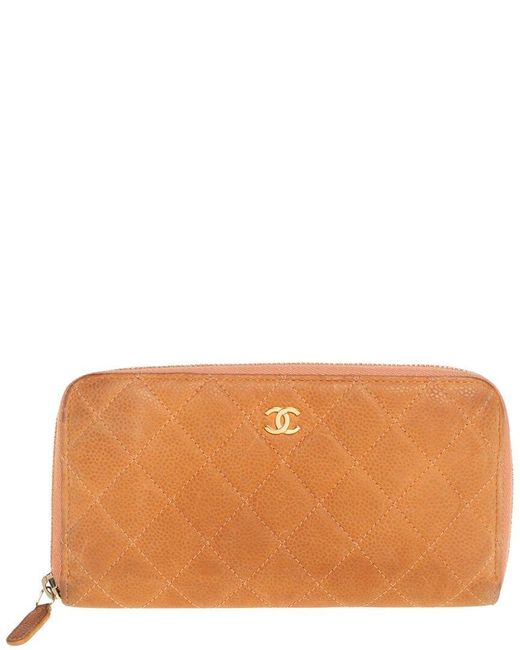 Chanel Orange Quilted Suede Single Flap Cc Zip Around Wallet (Authentic Pre-Owned)