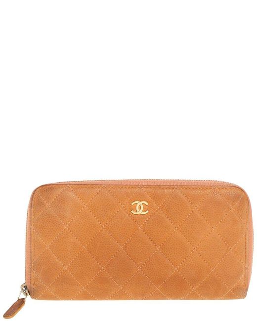 Chanel Orange Quilted Suede Single Flap Cc Zip Around Wallet (Authentic Pre-Owned)