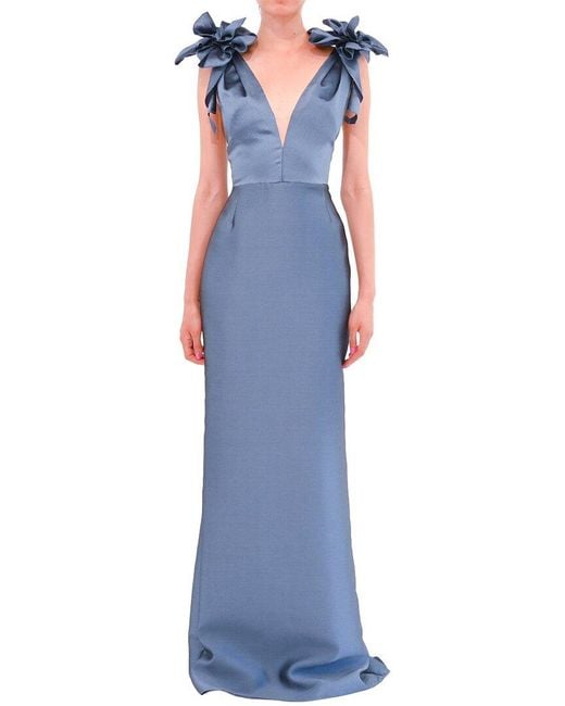 Marchesa Blue Sleeveless Deep V-Neck Silk-Blend Mikado Gown