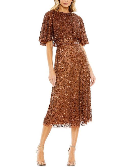 Mac Duggal Brown Embellished Cape High-Neck Midi Dress