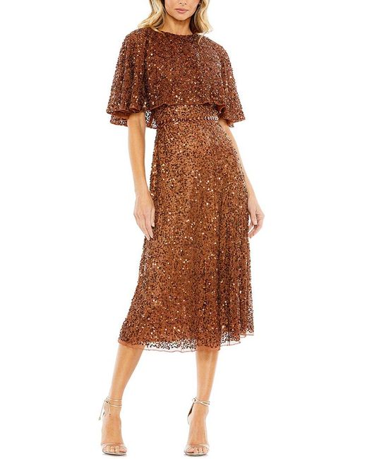 Mac Duggal Brown Embellished Cape High-Neck Midi Dress