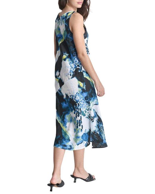 DKNY Blue V-Neck Panel Linen Midi Dress