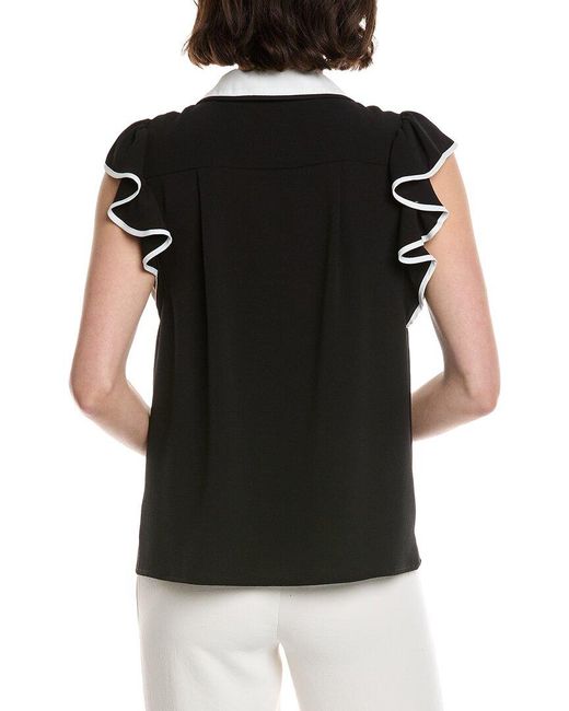 Cece Black Flutter Sleeve Collared Blouse