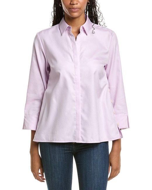Foxcroft Purple Beatrice 3/4-Sleeve Twill Shirt