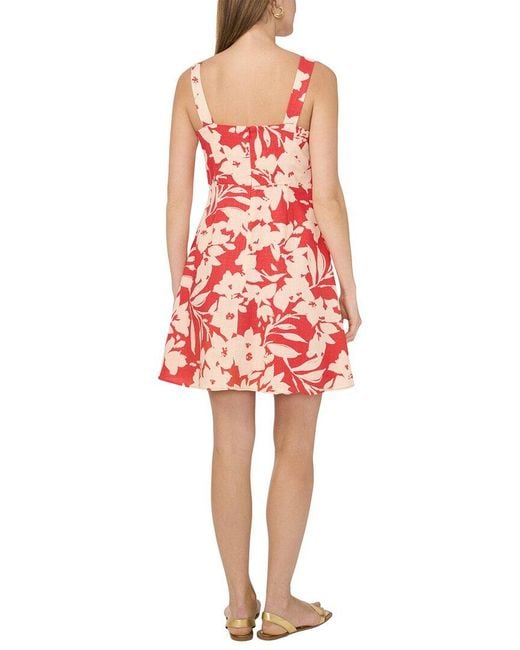 Vince Camuto Red Linen-blend Sleeveless Floral A-line Dress