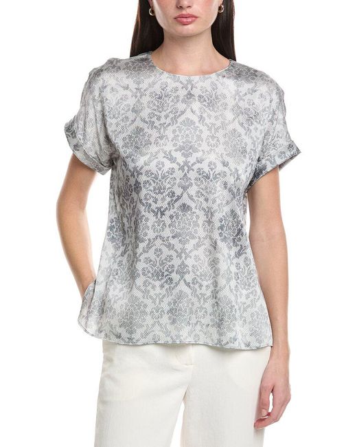 Lafayette 148 New York Gray Cuffed Short Sleeve Silk-Blend Blouse