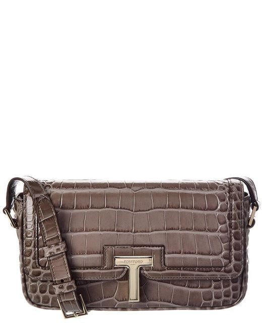 Tom Ford Gray Croc-Embossed Leather Shoulder Bag
