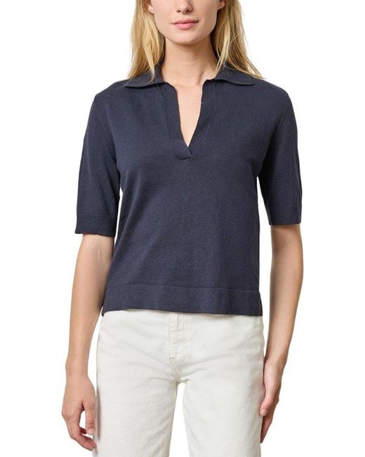 Lilla P Blue Elbow Sleeve Linen-Blend Polo Sweater