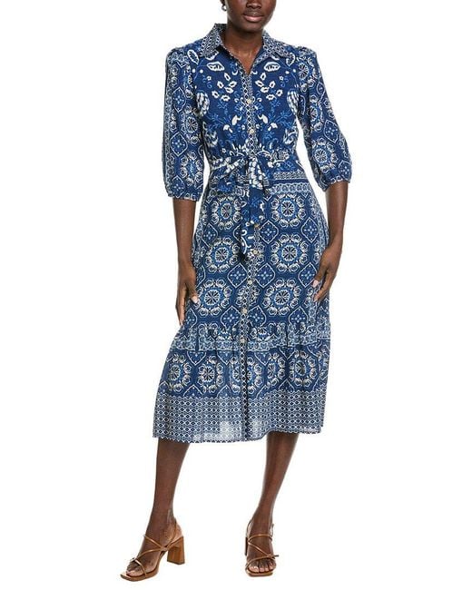 Maison Tara Blue Engineer Print Miranda Short Sleeve Midi Dress