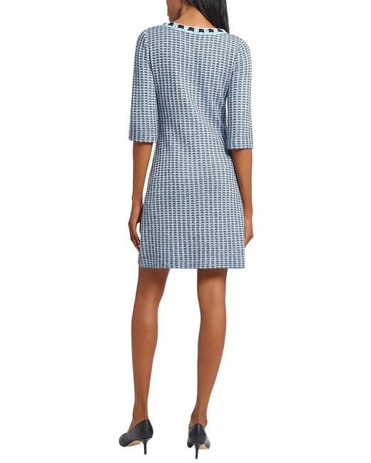 Ming Wang Blue Tweed Knit Sheath Dress With Crochet Ribbon Trim