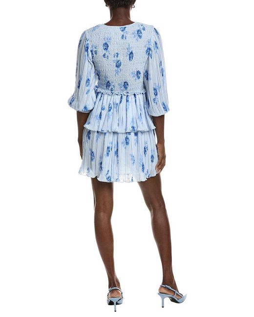 Ganni Blue Pleated Georgette Flounce Smock Mini Dress