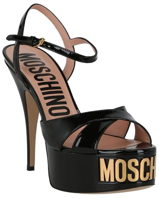 Moschino Black Logo Plaque Leather Platform Sandal