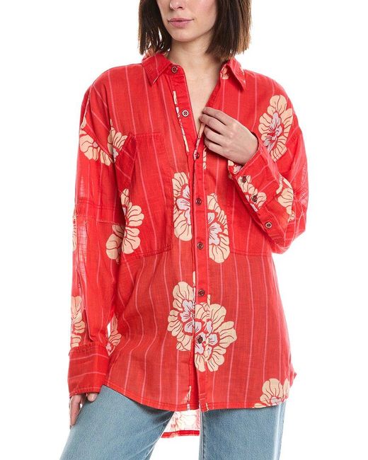 Free People Red Hidden Flower Camo Shirt