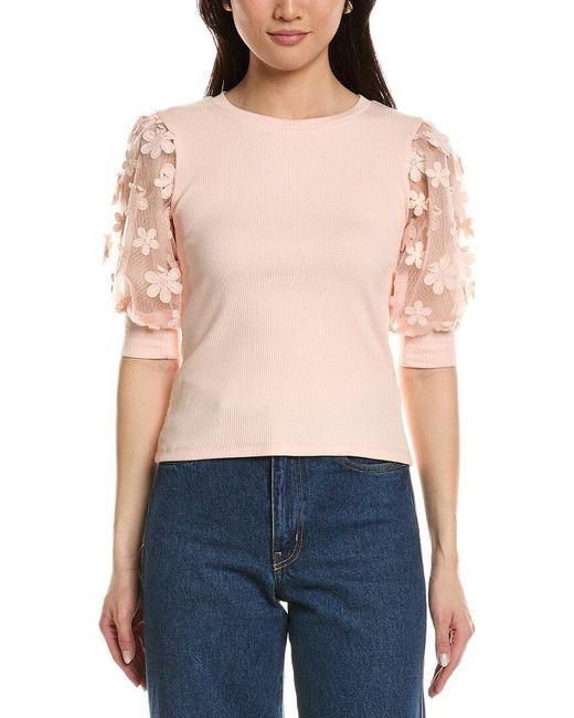 Truth Blue Sheer Embroidered Puff Sleeve Top
