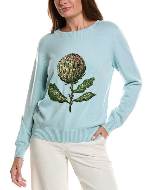 Oscar de la Renta Blue Artichoke Embroidered Jacquard Wool-Blend Sweater