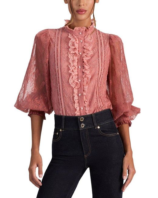 Alice + Olivia Red Eugenia Mock Neck Lace Detail Top
