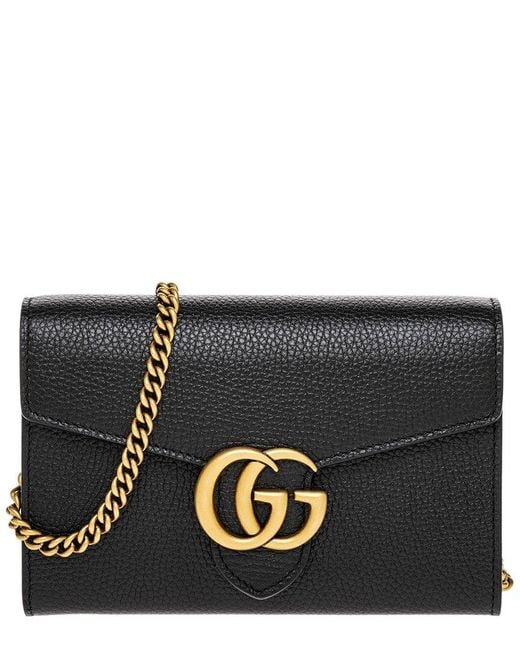Gucci Black Gg Marmont Leather Wallet On Chain