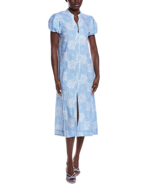 Sail To Sable Blue Puff Sleeve Linen-Blend Midi Dress
