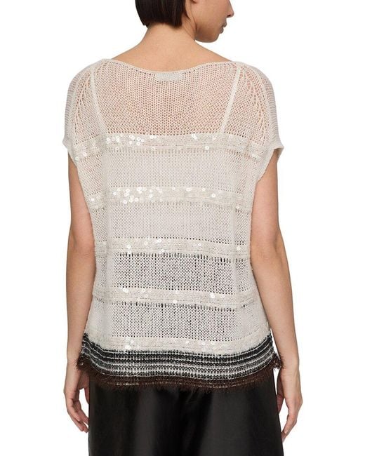 Lafayette 148 New York Gray Metallic Stripe Bateau Neck Top