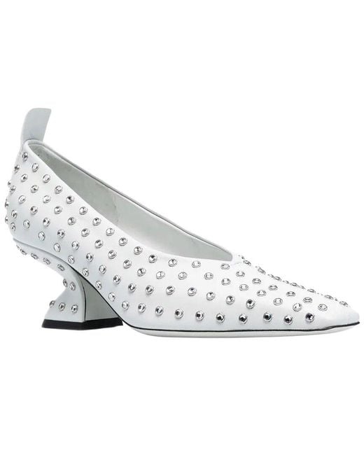 Ferragamo White Rhinestone F-Heel Leather Pump