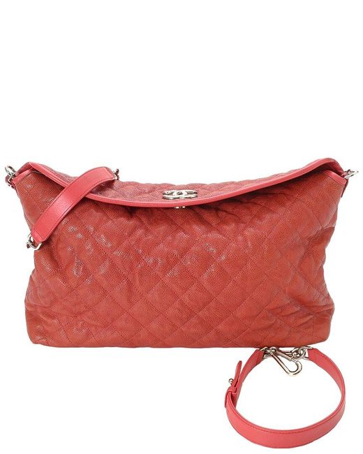 Chanel Red Orange Quilted Lambskin Leather Cc Chain Tote (authentic Pre-owned)