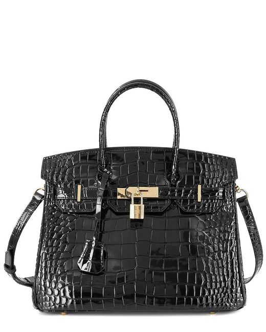 Tiffany & Fred Paris Black Large Croc-embossed Leather Satchel