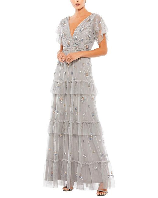 Mac Duggal White Mesh Ruffle Embellished Flutter Sleeve Gown