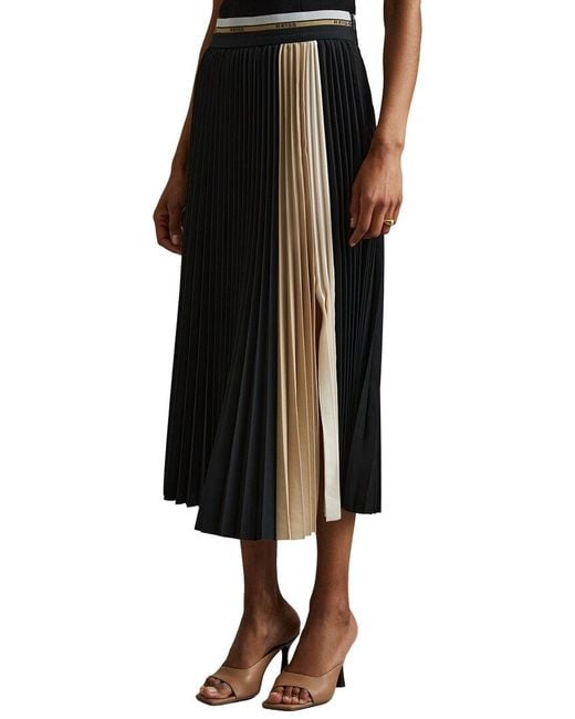 Reiss Black Iris Contrast Waistband Pleated Skirt