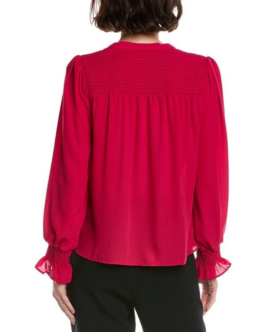 Cece Red Half Placket Smocked Top