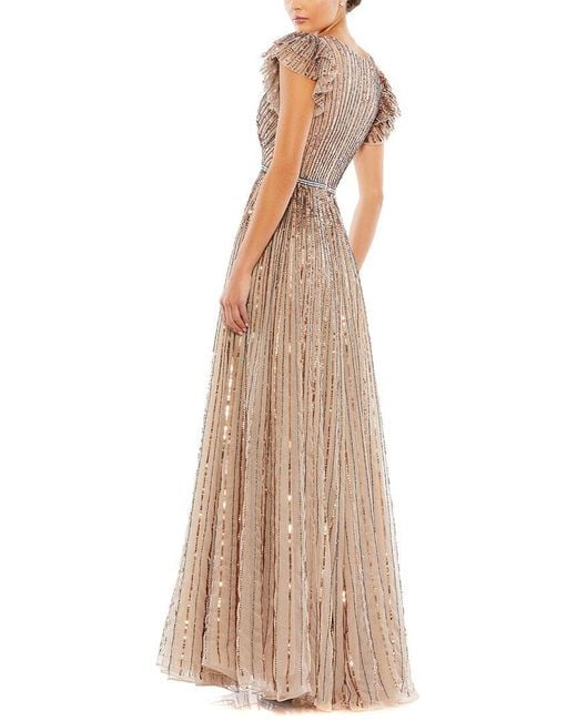 Mac Duggal Natural Sequined Wrap Over Ruffled Cap Sleeve Gown