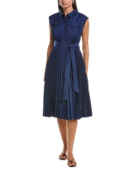 MILLY Blue Johanna Pleated Twill Midi Dress