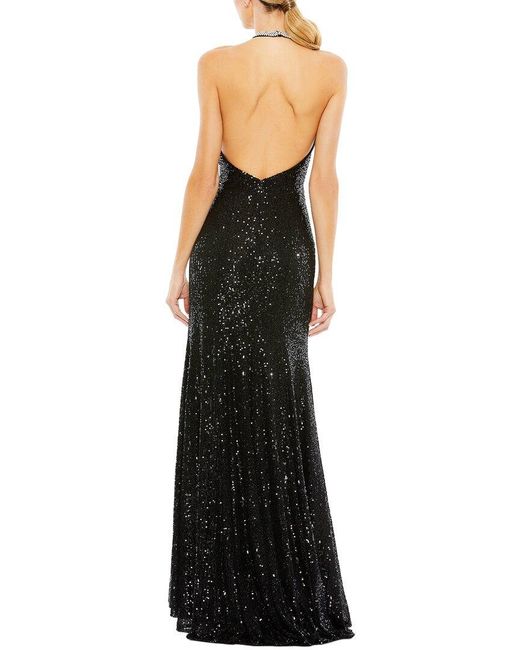 Mac Duggal Black Sequined High Neck Rhinestone Trim Column Gown
