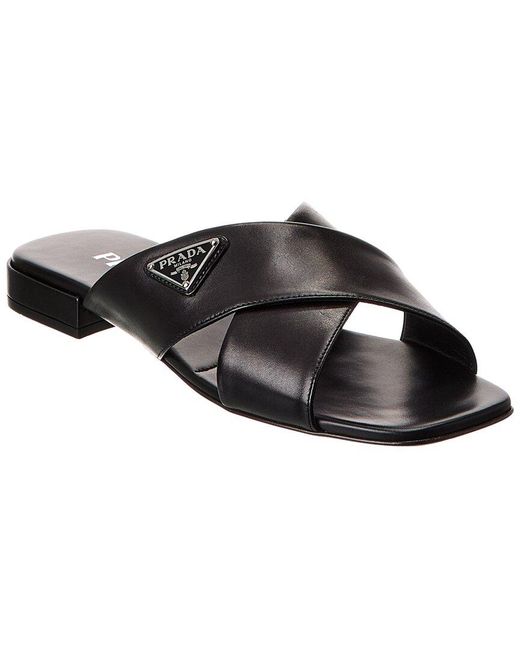 Prada Logo Leather Sandal in Black | Lyst