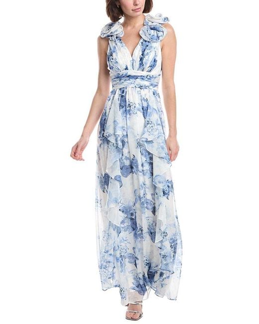 Eliza J Blue Ruffle Strap Pleated Gown