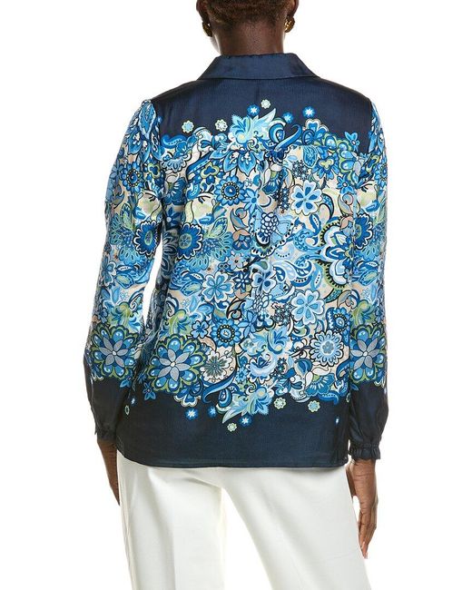 Tahari Blue Garden Bloom Button Down Blouse
