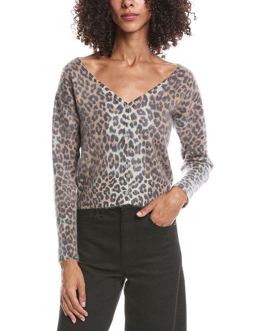 Brodie Cashmere Gray Belle Brushed Leopard Button Back Cashmere Sweater