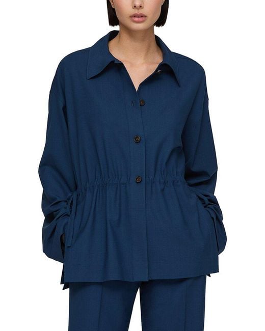 Lafayette 148 New York Blue Gathered Waist Button Front Wool-blend Overshirt