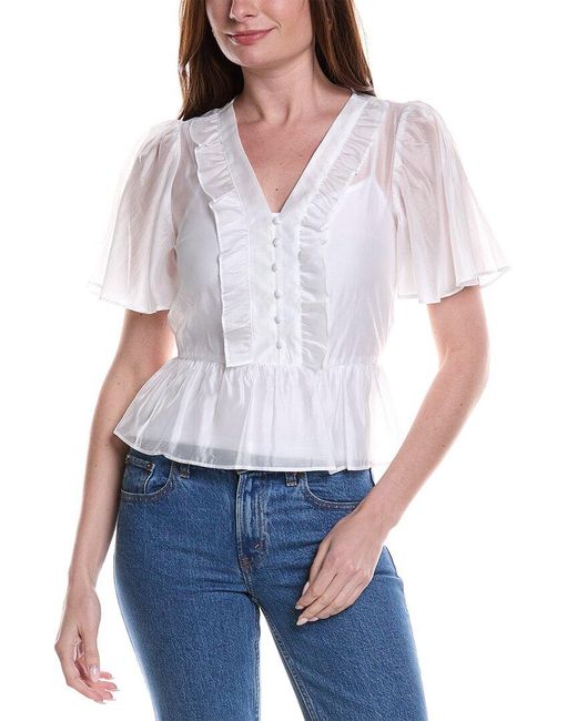 Vince Camuto White V-Neck Double Ruffle Button Down Shirt