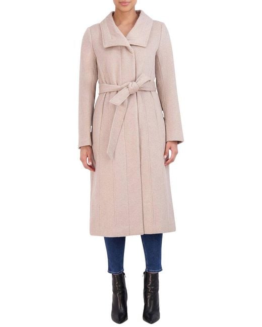 Cole Haan Natural Slick Wool-Blend Belted Coat