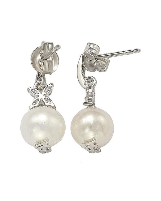 Suzy Levian White Silver Sapphire & 8mm Pearl Earrings