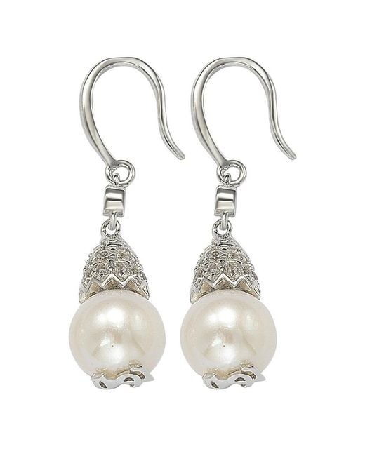 Suzy Levian White Silver 0.50 Ct. Tw. Sapphire & 8mm Pearl Drop Earrings