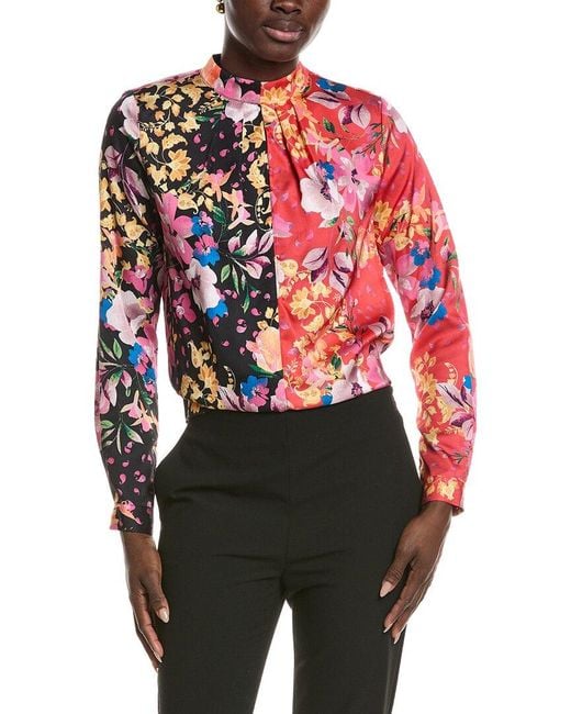 Tahari Red Mock Neck Pleated Blouse