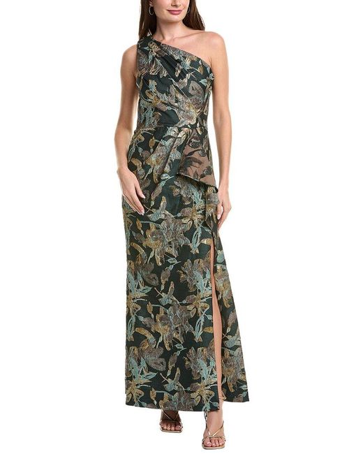 Adrianna Papell Green One Shoulder Jacquard Dress