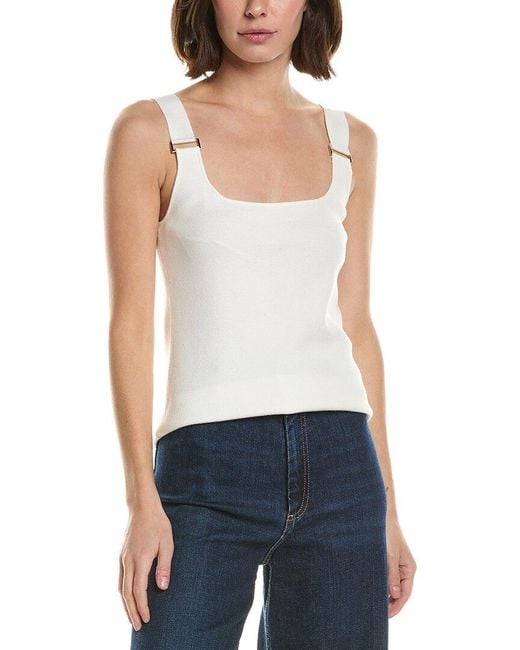 Tahari White Double Square Neck Rib Tank